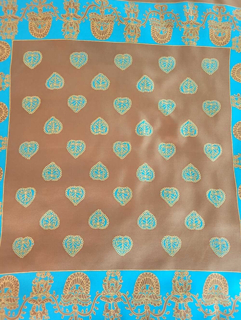 Vintage Silk Scarf in Olive Green and Turquoise,hand Rolled Edges,31X31 Inches. - Picture 3 of 9